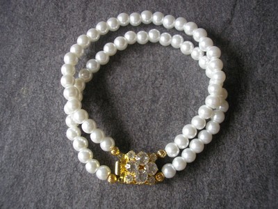 2 Strand White Pearl And Rhinestone Bracelet