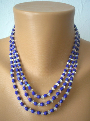 Vintage 1950s 3 Strand Blue Glass Bead Necklace