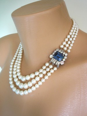 Vintage White Pearl and Montana Sapphire Necklace