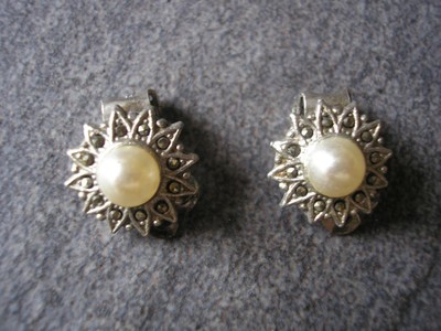 Vintage Marcasite And Glass Pearl Earrings