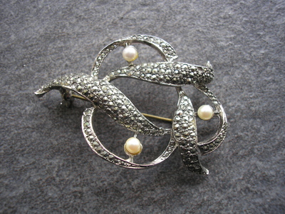 Vintage MARCASITE And Faux Pearl Brooch